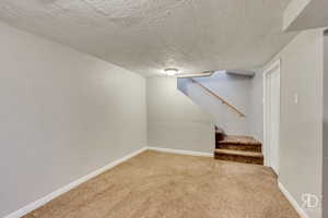 Basement featuring carpet floors and a textured ceiling