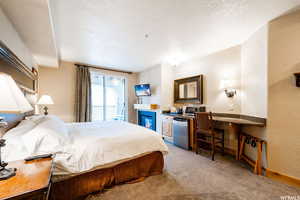 Bedroom featuring access to outside, light carpet, and a textured ceiling