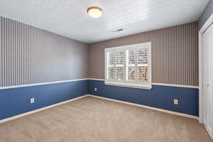 Unfurnished room with carpet floors and a textured ceiling