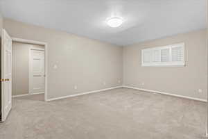 Unfurnished room featuring light carpet