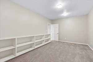 Carpeted spare room with a textured ceiling