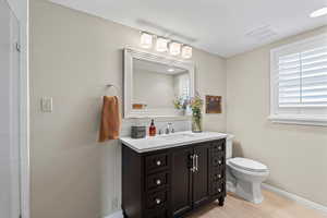 Bathroom with hardwood / wood-style flooring, vanity, and toilet