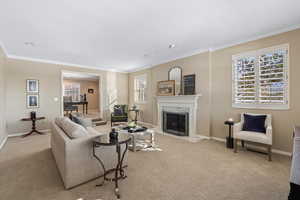 Carpeted living room featuring a premium fireplace and ornamental molding