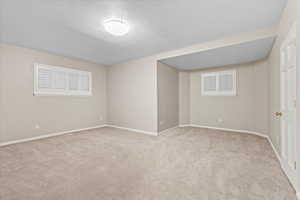 Unfurnished room featuring a textured ceiling and light carpet