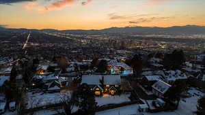 Snowy aerial view with a mountain view