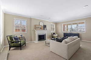 Carpeted living room featuring a wealth of natural light, ornamental molding, and a premium fireplace