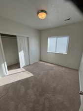 Unfurnished bedroom featuring carpet flooring and a closet