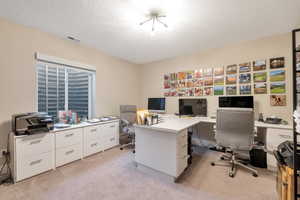 Carpeted office with a textured ceiling