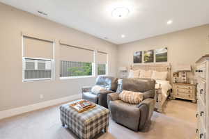 Bedroom with light carpet