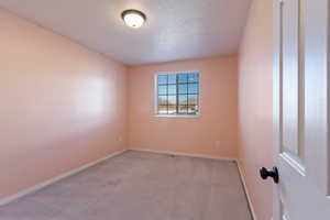 Empty room with light carpet and a textured ceiling