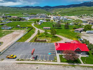 Aerial view featuring a mountain view