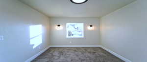 Unfurnished room with light colored carpet