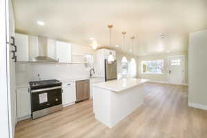 Kitchen featuring decorative backsplash, wall chimney exhaust hood, stainless steel appliances, decorative light fixtures, and white cabinets