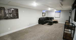 Living room with carpet floors