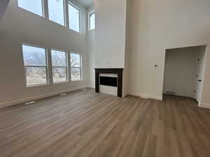 Unfurnished living room featuring hardwood / wood-style flooring, a mountain view, a healthy amount of sunlight, and a high ceiling