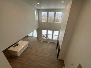 Unfurnished living room with dark hardwood / wood-style flooring and plenty of natural light