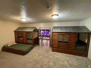 Carpeted bedroom with a textured ceiling