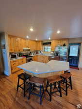 Kitchen featuring a kitchen breakfast bar, light hardwood / wood-style floors, and appliances with stainless steel finishes