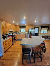 Kitchen with a kitchen breakfast bar, a healthy amount of sunlight, stainless steel appliances, and light wood-type flooring