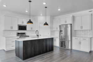 Kitchen featuring white cabinets, a kitchen island with sink, sink, and high quality appliances