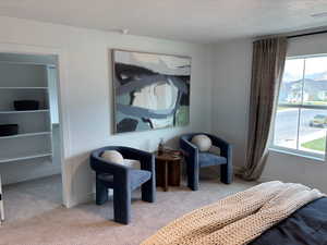 Carpeted bedroom with a textured ceiling and multiple windows