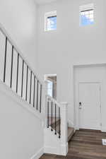 Entryway featuring a towering ceiling and dark hardwood / wood-style flooring