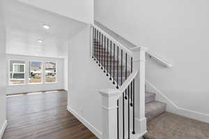 Staircase featuring wood-type flooring