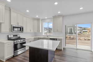 Kitchen with a center island, a healthy amount of sunlight, sink, and stainless steel appliances