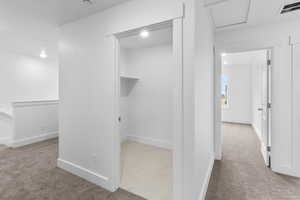 Hall featuring light colored carpet