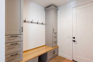 Mudroom with light wood-type flooring