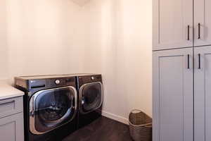 Laundry room featuring cabinets and washer and clothes dryer