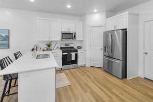 Kitchen with kitchen peninsula, appliances with stainless steel finishes, a kitchen bar, sink, and white cabinetry