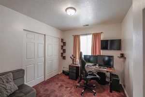 Office featuring carpet flooring and a textured ceiling