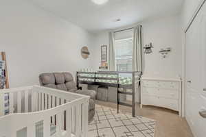 Carpeted bedroom with a closet and a nursery area