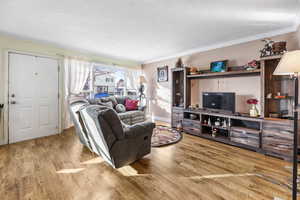 Living room with crown molding, a textured ceiling, and hardwood / wood-style flooring