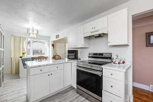 Kitchen featuring kitchen peninsula, light wood-type flooring, electric stove, white cabinets, and a chandelier