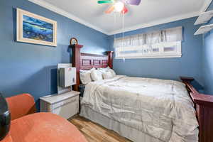 Bedroom featuring ceiling fan, crown molding, and light hardwood / wood-style floors