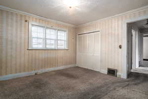 bedroom featuring carpet flooring, ornamental molding, a textured ceiling, and a closet