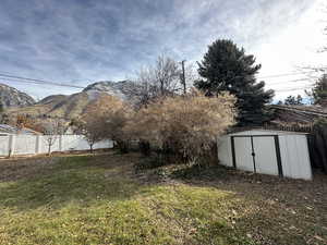 View of yard featuring a mountain view and a storage unit