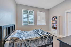 Bedroom with light colored carpet