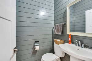 Bathroom with wooden walls, sink, and toilet