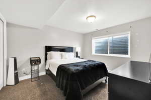 Bedroom with dark colored carpet