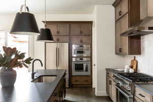 Kitchen featuring decorative backsplash, high end appliances, sink, pendant lighting, and range hood