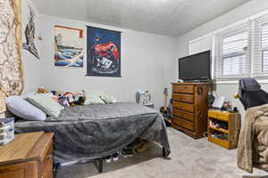 Carpeted bedroom with a textured ceiling