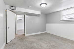 Basement with light carpet and a textured ceiling