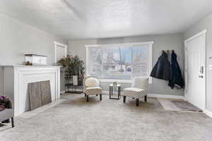 Living area with a textured ceiling and light carpet