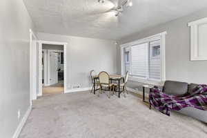 Carpeted dining room featuring rail lighting and a textured ceiling