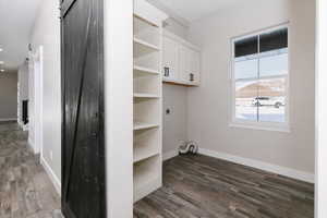 Clothes washing area with electric dryer hookup, a barn door, and dark wood-type flooring