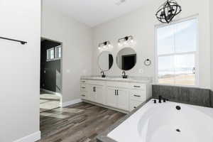 Bathroom with a bathtub, vanity, and hardwood / wood-style flooring