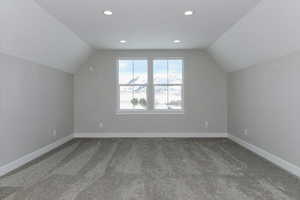 Additional living space featuring carpet and lofted ceiling